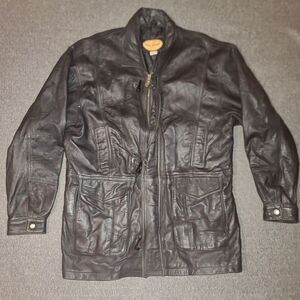 Vintage Pops Leather Black/ Dark Brown Field Jacket Size Large Cinch Waist‎